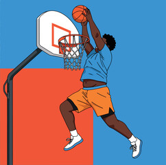 Basketball player dunking ball on court with blue and red background vector illustration 