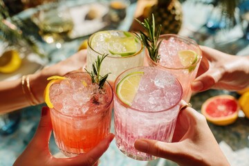 Friends toasting with colorful summer cocktails outdoors.