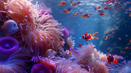 A vibrant underwater garden featuring colorful clownfish swimming amidst swaying sea anemones in a