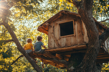 A boy enjoys the tree house.