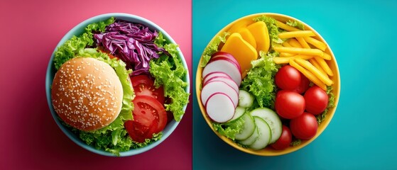 A burger salad bowl and a colorful vegetable salad bowl side by side on vibrant backgrounds.