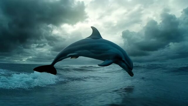 Dolphin jumping above ocean surface. 