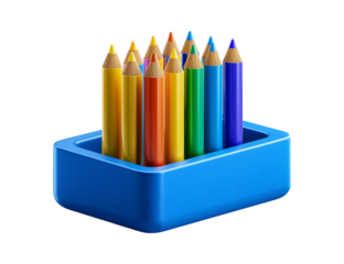 colored pencils in a blue pen holder box, pencil pot isolated on a transparent background