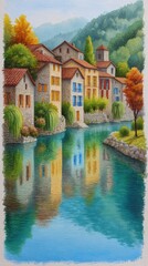 Autumnal Village by the River Colorful Houses and Peaceful Reflection