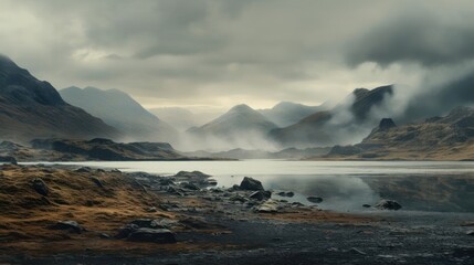 Dramatic mountain lake shrouded in mist and fog.