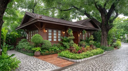 Obraz premium Charming Brown Wooden House in Lush Green Garden