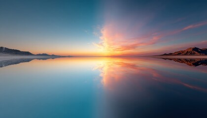 Fototapeta premium A calm, mirrored lake reflects a vibrant sunrise with mountains in the distance and colorful clouds across the sky.