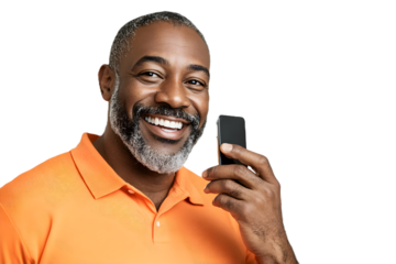 Senior African-American man talking on the phone on white or transparent background