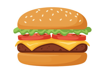 Cartoon Burger Illustration with Cheese, Tomato, and Lettuce