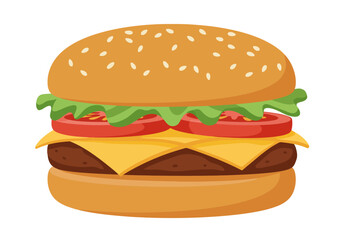 Delicious Cartoon Burger with Cheese and Fresh Vegetables