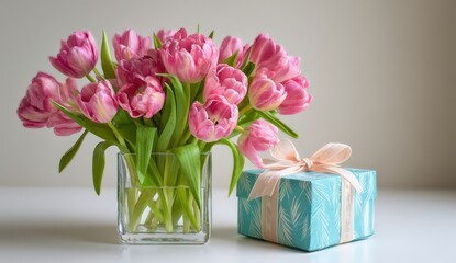 Pink tulips in vase with gift box on table.