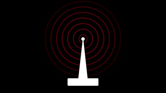 Radio waves signal tower connective network icon animation on a black background.