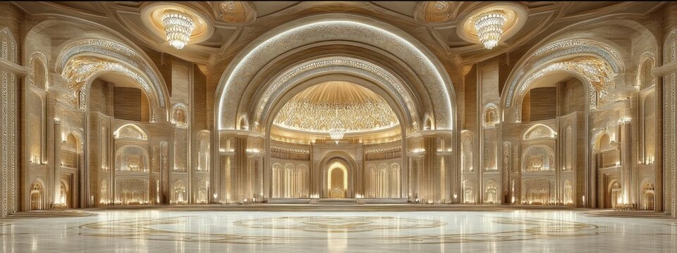 Opulent palace interior with intricate gold details and high ceilings.