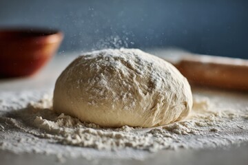 Fresh dough ball on floured surface.