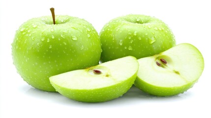 Fresh green apples with water droplets, whole and sliced.