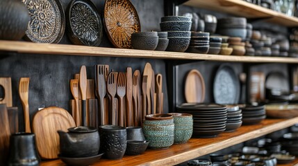 Artisan Crafted Kitchenware Collection: Elegant Wooden Utensils and Earthenware Dishes