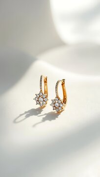 A pair of diamond-studded gold earrings elegantly arranged on a matte white surface, captured with soft shadows and shallow depth of field for a refined, premium look.

