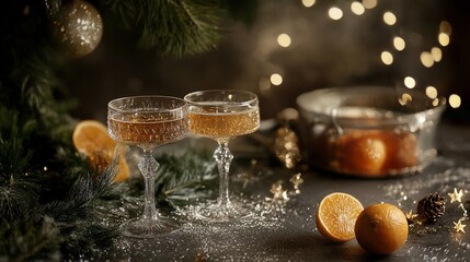 Festive Christmas toast with sparkling wine and fresh seasonal tangerines