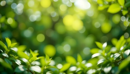 Obraz premium Fresh Healthy Green Bio Background with Abstract Blurred Foliage Bright Summer Sunlight and Central Copyspace for Text or Advertisement