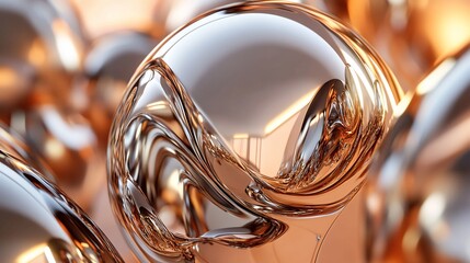 Abstract metallic spheres with swirling reflections and a warm, inviting glow