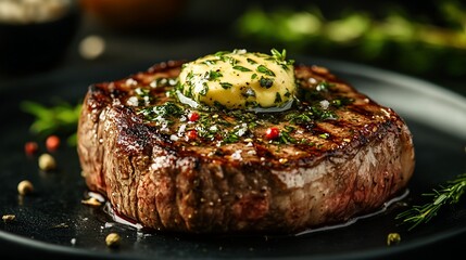 Delicious Grilled Steak Topped with Herb Butter on Elegant Dark Plate