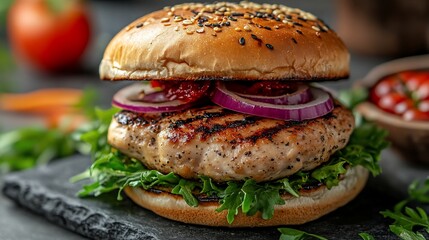 Appetizing chicken burger with fresh salad, red onions, and savory toppings