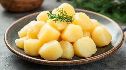 Steaming seasoned potatoes on a decorative plate close up still life photography