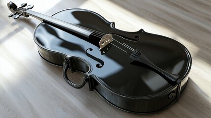 Artistic rendition showcasing a sleek and polished cello resting on wood surface