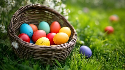 Colorful Easter Eggs in Rustic Basket Nestled in Spring Grass