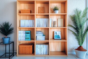 Fototapeta premium Light wood bookshelf with books, boxes, and decor. Minimal home office corner with plant and soft daylight. Calm organization and productivity. For interior design blogs, workspace branding