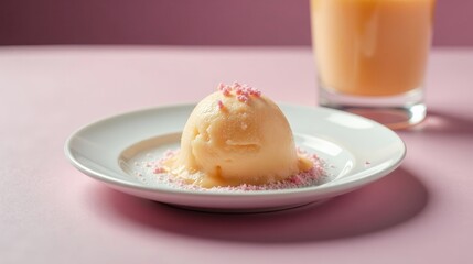 Fototapeta premium A Delicate Scoop of Pale Yellow Frozen Dessert Garnished with Pink Sugar Crystals Served on a Simple White Plate beside a Glass of Apricot Juice