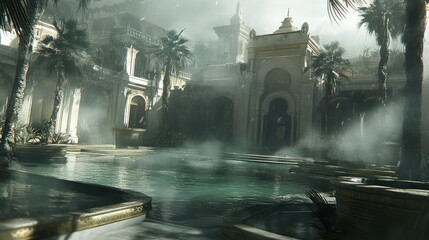 Overgrown palace ruins, submerged in water, shrouded in mist.