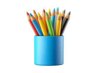 colored pencils in a blue pen holder box, isolated on a transparent background