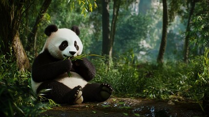 Adorable Panda Enjoying Bamboo Lunch in Lush Forest