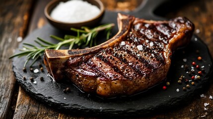 Perfectly grilled ribeye steak on a rustic wooden surface for gourmet food