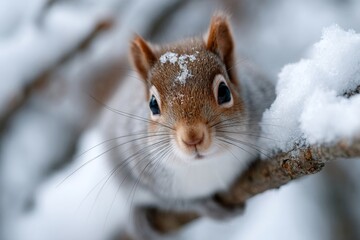 Fototapeta premium A squirrel sitting on a branch covered in snow