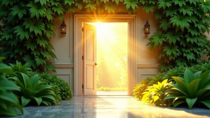 Golden sunlight streams through an open doorway, illuminating lush greenery and a tranquil garden path