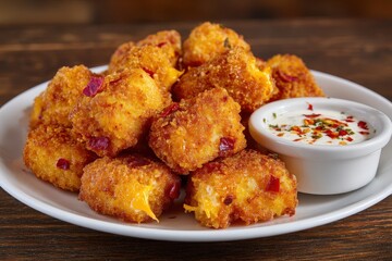Crispy cheese bites with dip on plate.