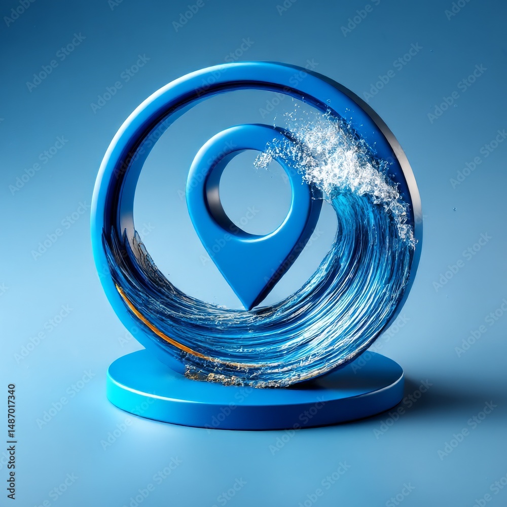 Leinwandbilder location data stream: visualizing information with water waves in a circular pinpoint symbol on blue