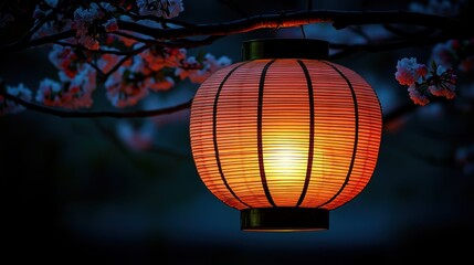 Illuminated lantern hanging from a branch of a blossoming cherry tree at twilight.