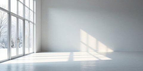 Empty Room with Large Windows Showing a Snowy Winter Scene and Sunlight Streaming In