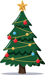 Obraz premium Christmas tree decorated with red and blue baubles and golden star topper vector illustration 