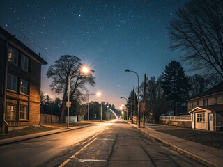 An empty street at night. A cityscape with a moderate amount of nature. A residential area. The light of a street lamp.