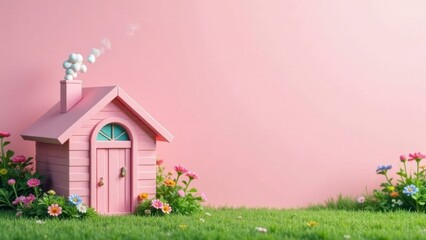 A charming pink miniature house nestled in a vibrant spring meadow against a soft pink background, symbolizing home, comfort, and tranquility