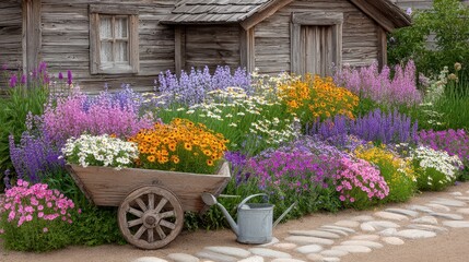 Fototapeta premium Colorful Wildflowers Blooming Before Rustic Wooden House