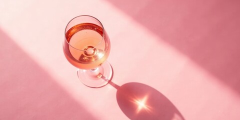 A Glass of Sparkling Ros? Wine Casts a Sunlit Shadow on a Pink Background, Evocative of a Relaxed and Elegant Afternoon