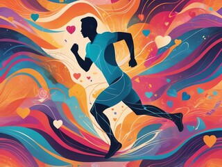 Silhouette of a Runner Amid Colorful Flowing Patterns and Heart Motifs
