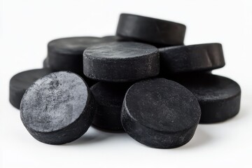 Pile of black, round, activated charcoal tablets on a white background. Use to illustrate detoxification, health, medicine, or poisoning treatment.