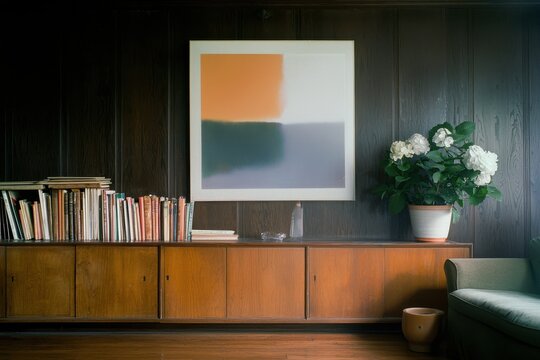 Modern Rustic Home Office Backdrop, Elegant Bookshelf, Stylish Art Piece Creating Calm Atmosphere for Virtual Meetings