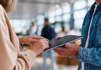Close-up of two people interacting with a tablet in an office.